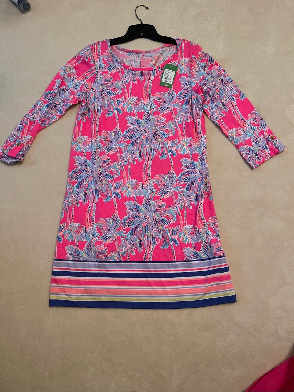 Womens Pink Palm-Print Knit Dress with Striped Hem